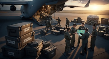 Avión de transporte militar en pista al atardecer, con soldados descargando equipo y otros revisando tablets con mapas. Cajas de vigilancia y herramientas de inteligencia apiladas.