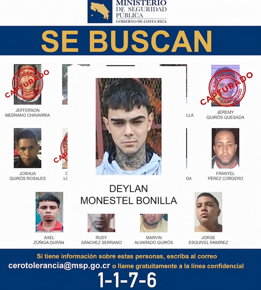 El Gobierno informó que seis de las 14 personas incluidas en la lista de los más buscados de Cartago fueron capturadas durante los primeros días del operativo especial. Crédito: MSP
