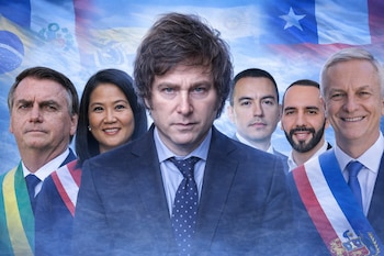 Javier Milei en primer plano, con Jair Bolsonaro, Keiko Fujimori, Daniel Noboa, Nayib Bukele y José Antonio Kast. Banderas de países latinoamericanos de fondo.