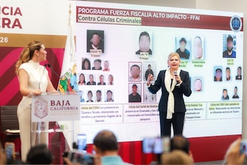 La gobernadora y la fiscal del estado en la conferencia de este 15 de julio. Crédito: Gobierno de Baja California