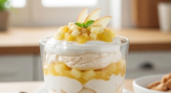 Postre de nube de manzana sin azúcar servido en un vaso transparente, con capas de crema blanca, merengue, dados de manzana, y decorado con rodajas de manzana y menta.