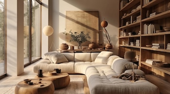 Salón moderno y luminoso con un sofá beige en forma de U, dos mesas de centro de madera maciza, estanterías llenas de libros, y grandes ventanales que dan al exterior.