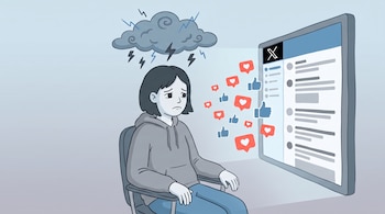 Ilustración de una persona sentada en una silla, triste, con una nube de tormenta sobre su cabeza y una pantalla con iconos de 'me gusta' y corazón.