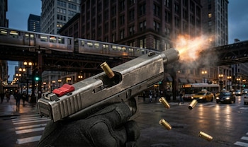 Mano enguantada sujeta pistola Glock Auto disparando con destello de boca y casquillos. Fondo urbano de Chicago con tren elevado