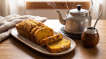 Budín de zanahoria y cúrcuma rebanado en un plato largo, con una pava de metal humeante sobre un apoyo y un mate de calabaza al lado en una mesa de madera.