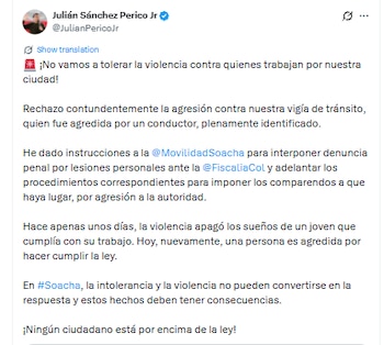 Este fue el mensaje del alcalde de Soacha, Julián Sánchez Perico, sobre la agresión - crédito @JulianPericoJr/X