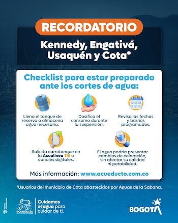 El Acueducto de Bogotá recomienda almacenar agua suficiente y asegurarse de que los tanques de los edificios estén llenos antes del corte programado - crédito Acueducto/X