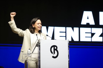 MADRID, 18/04/2026.- La líder opositora venezolana María Corina Machado durante la rueda de prensa ofrecida este sábado en Madrid. EFE/Víctor Lerena