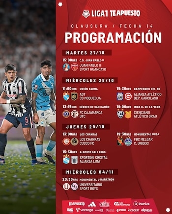 Programación de la fecha 14 del Torneo Clausura de la Liga 1 2026.