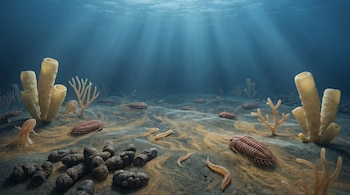 Fondo marino con sedimento ocre y gris. Se observan varios trilobites, esponjas tubulares, gusanos poliquetos y grupos de bolitas oscuras en el primer plano.