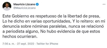 Tuit de Mauricio Lizcano sobre