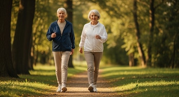 Dos adultos mayores con cabello blanco caminan por un sendero de tierra en un parque arbolado con césped verde, bajo una suave luz matinal.
