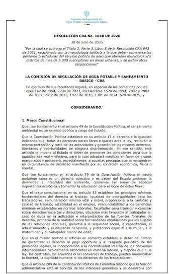 La Resolución CRA 1040 de 2026 sustituye la metodología tarifaria vigente para los prestadores que operan en municipios o distritos con más de 5.000 suscriptores urbanos. Su aplicación será obligatoria a partir del 1 de enero de 2027 - crédito CRA