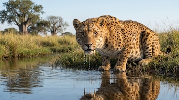 Un Smilodon populator bebe agua de un arroyo en una pradera verde con árboles lejanos. Tiene pelaje dorado con manchas y colmillos largos.