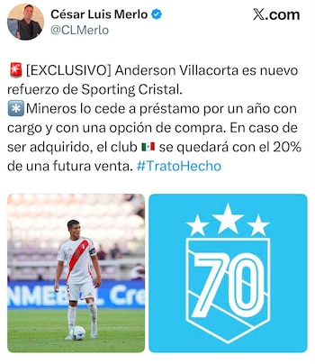 Anderson Villacorta será el nuevo refuerzo de Sporting Cristal para el Torneo Clausura 2026.