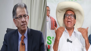 Imagen dividida con un hombre de traje y corbata a la izquierda y otro hombre con sombrero de ala ancha y micrófono en la camisa a la derecha