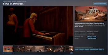 Pantalla de computadora con la página de Steam de 'Sands of Skullcreek', un video con dos personajes animados, texto y miniaturas de juego