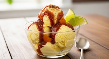 Tazón de vidrio con helado amarillo claro cubierto de salsa chamoy roja y especias. Rodajas de lima verde y una cuchara metálica descansan sobre una mesa de madera.