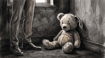Un oso de peluche sobre el suelo de madera junto a las piernas y el calzado formal de un hombre.