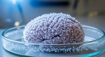 Macrofotografía de un cerebro de ratón cubierto de pequeños cristales de hielo en una placa de Petri de vidrio, bajo iluminación azul fría en un laboratorio.