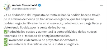 Andrés Camacho, ministro de Minas y Energía, lamentó que no haya modificaciones al impuesto de renta - crédito @AndresCamachoM_/X