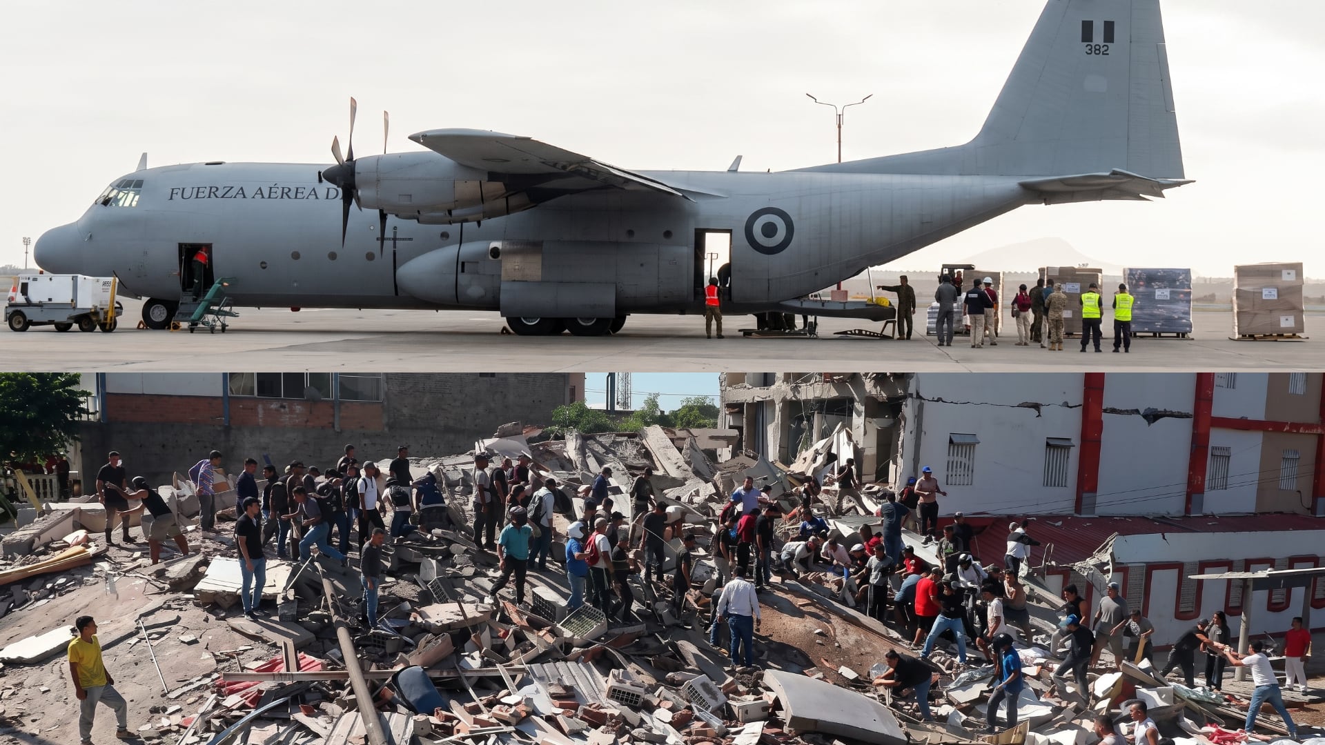 Un avión Hércules de la Fuerza Aérea del Perú carga ayuda humanitaria en Lima, mientras personas caminan entre los escombros de edificios afectados por un terremoto en Colombia. (Infobae Perú/Canal N)