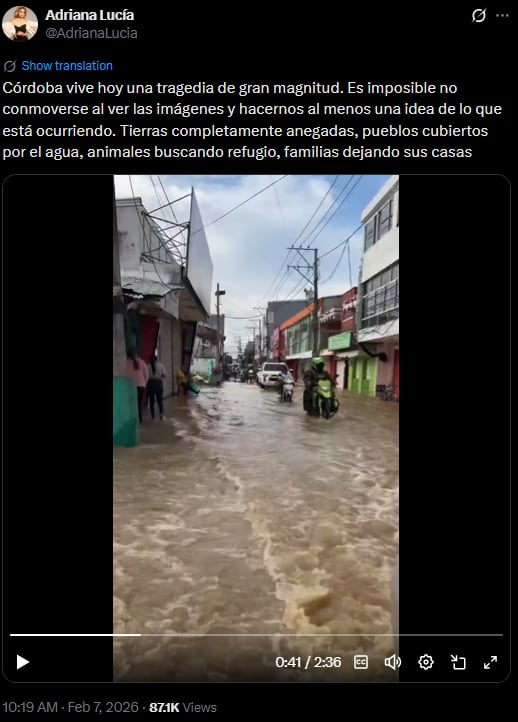 Adriana Lucía visibiliza tragedia en Córdoba y llama a la solidaridad nacional - crédito @AdrianaLucia