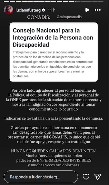 Captura de una publicación en red social con un cuadro informativo sobre el CONADIS y texto en fondo negro