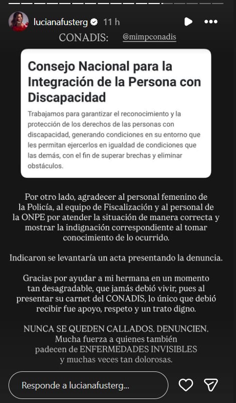 Luciana Fuster difunde un comunicado en redes sociales sobre un incidente sufrido por su hermana certificada por el CONADIS durante un proceso electoral en Perú.