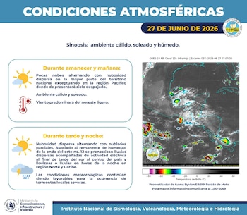 El pronóstico del INSIVUMEH para el 27 de junio de 2026 anticipa ambiente cálido, soleado y húmedo en la mayor parte de Guatemala.