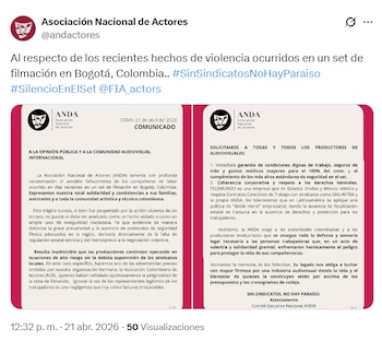 Captura de pantalla de un tuit de la Asociación Nacional de Actores (@andactores) mostrando un comunicado en dos partes sobre violencia en un set de filmación