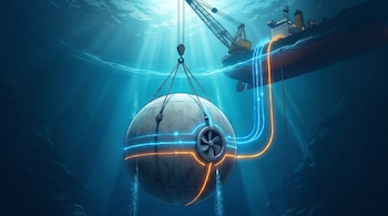 Imagen submarina que muestra un buque grúa bajando una gran esfera con propulsor y líneas luminosas azules y naranjas hacia el fondo marino, con haces de luz.