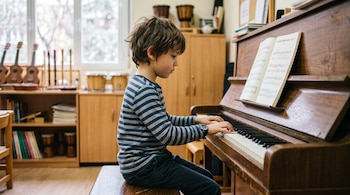 Un niño sentado de perfil frente a un piano de madera toca las teclas mientras mira un libro de partituras abierto.