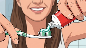 Primer plano de unas manos que aplican pasta dental de color verde turquesa y blanco sobre un cepillo de dientes. Se ve el rostro sonriente de una persona al fondo.