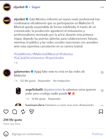 Captura de pantalla de una publicación en red social con texto sobre Gala Montes y un comentario redactado por la actriz
