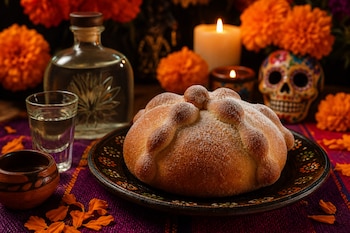 Pan de muerto en un plato de barro junto a una botella, un vaso con licor, una calavera artesanal, velas encendidas y flores anaranjadas.
