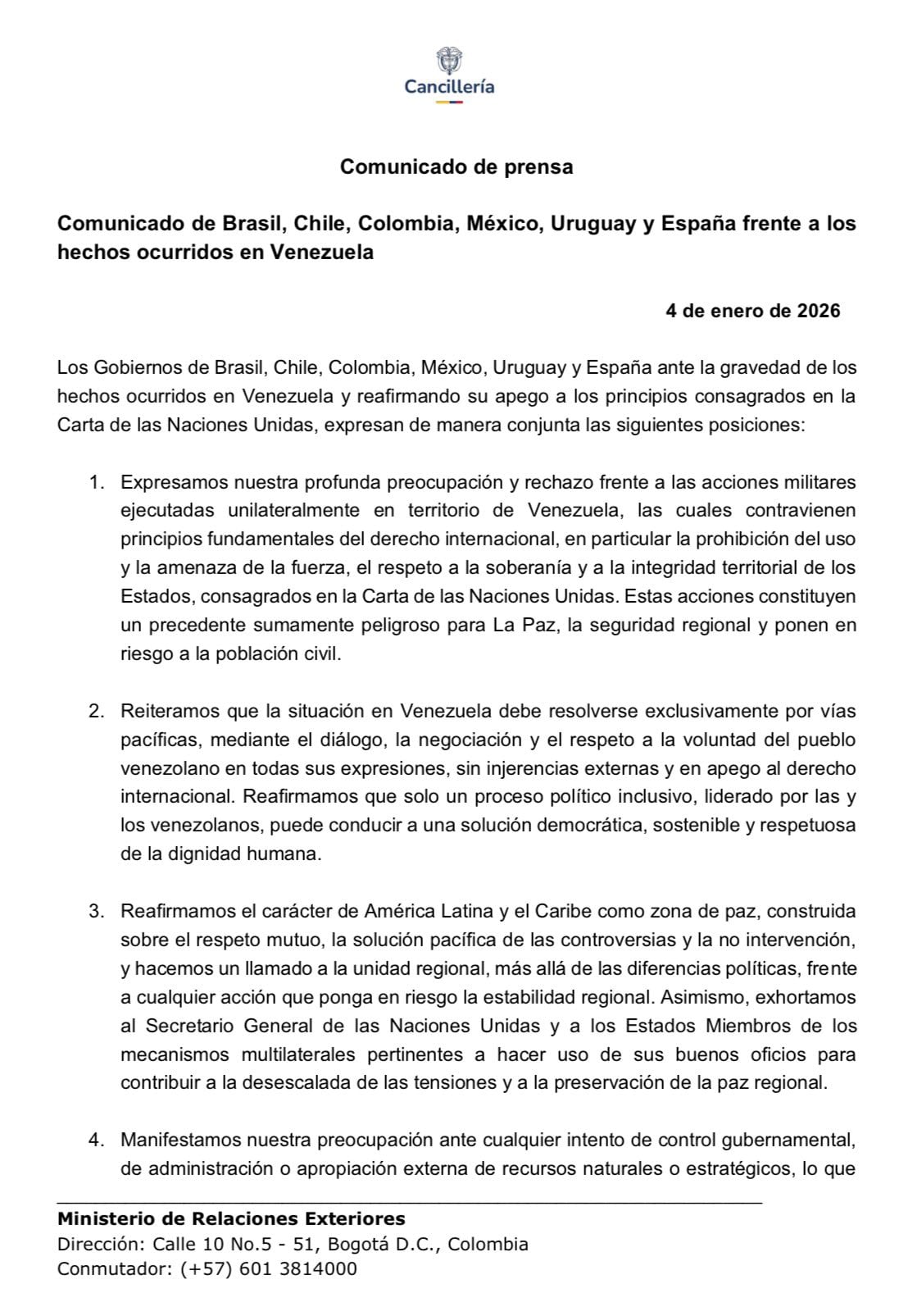 Comunicado de Colombia, Brasil, Chile, México, Uruguay y España - crédito Cancillería de Colombia