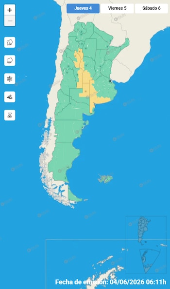 Mapa meteorológico de Argentina con zonas en verde y amarillo que indican alertas. La pestaña "Jueves 4" está activa. Iconos de lluvia, nieve y viento a la izquierda