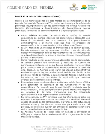 La ANT negó incumplimientos y afirmó que cumple los compromisos con Frenacol dentro del marco legal de los procesos de tierras - crédito ANT