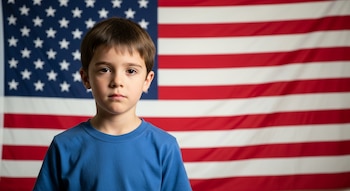 Primer plano de un niño caucásico de cabello castaño y ojos marrones, con una camiseta azul, parado frente a la bandera de los Estados Unidos.