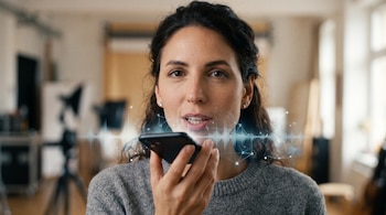 Primer plano de una mujer sosteniendo un teléfono móvil cerca de su boca con un gráfico de ondas sonoras digitales superpuesto.