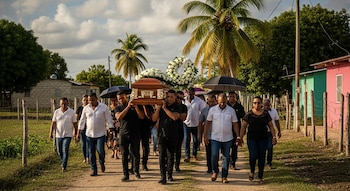 Un grupo de personas, hombres y mujeres, caminan por un camino de tierra llevando un féretro de madera adornado con flores blancas, con palmeras y casas coloridas al fondo.