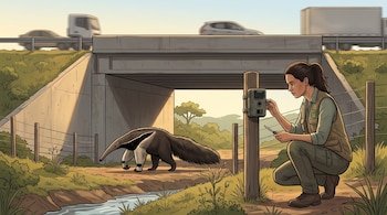 Ilustración de una mujer junto a una cámara en un poste, mientras un oso hormiguero camina bajo el puente vehicular de una carretera.