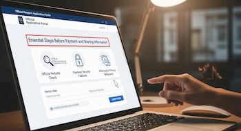 Muestra un portal de solicitud de pasaporte con secciones de seguridad. Una mano señala la pantalla de la computadora portátil en un escritorio.