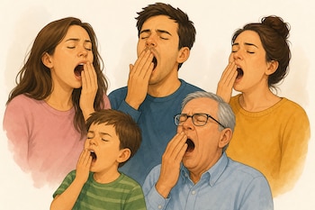 Ilustración de cinco personas, entre ellas adultos, un niño y un hombre mayor, bostezando con una mano delante de la boca.