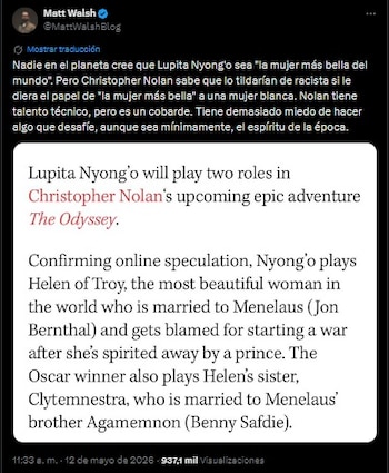 Matt Walsh aseveró que Christopher Nolan eligió a Lupita Nyong’o para no ser tildado de racista. (X)