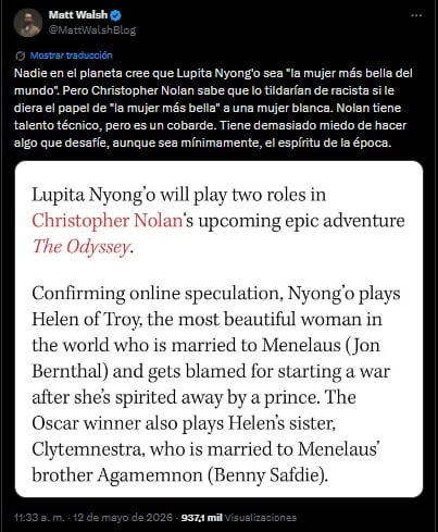 Matt Walsh aseveró que Christopher Nolan eligió a Lupita Nyong’o para no ser tildado de racista. (X)