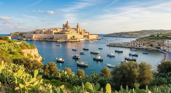 Ciudad costera con edificios de piedra y cúpula, acantilados verdes, mar azul y muchos botes de pesca de colores variados en la bahía.