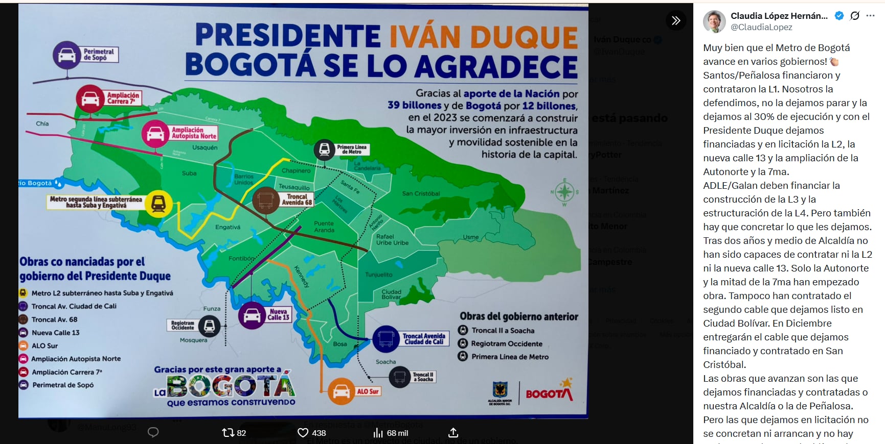 La exalcaldesa afirmó que su administración dejó financiadas y en licitación la Línea 2 del Metro, la nueva calle 13, la ampliación de la Autopista Norte y la intervención de la carrera séptima - crédito Claudia López/X