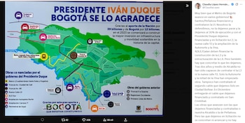 La exalcaldesa afirmó que su administración dejó financiadas y en licitación la Línea 2 del Metro, la nueva calle 13, la ampliación de la Autopista Norte y la intervención de la carrera séptima - crédito Claudia López/X